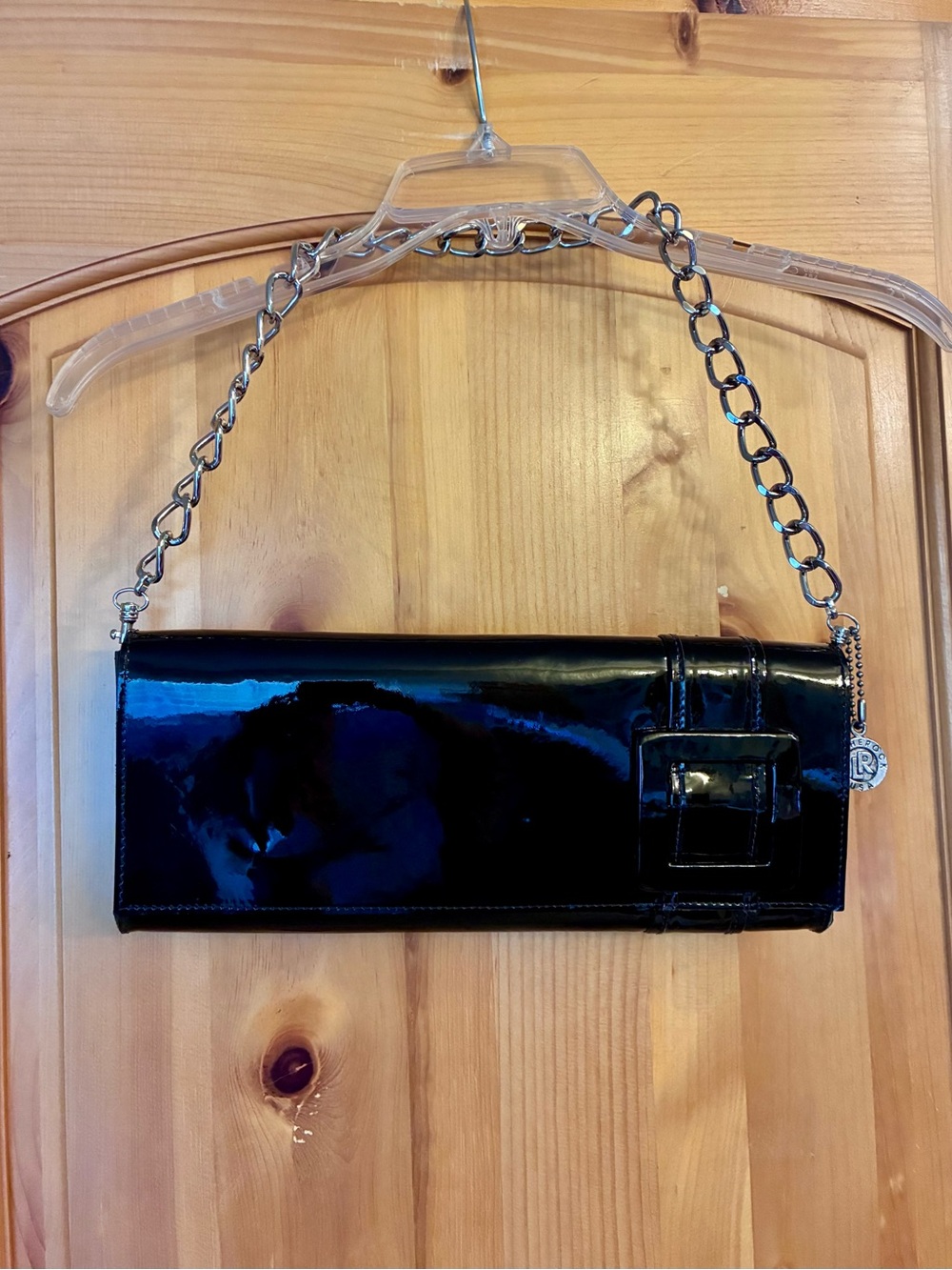 Leatherock USA Black Patent Shoulder Bag with Silver Chain